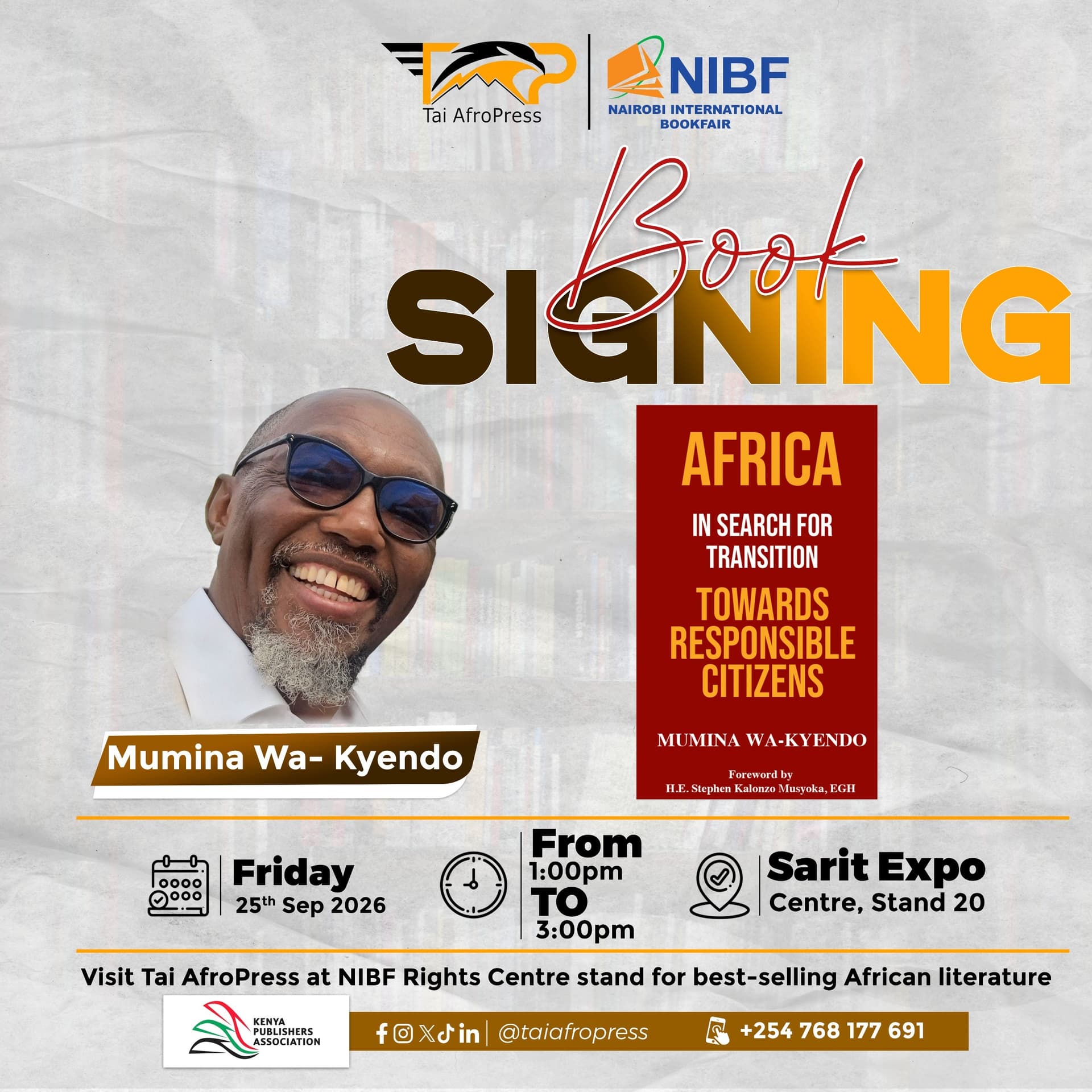 Book signing poster for Africa In Search for Transition with author Mumina Wa-Kyendo at Sarit Expo Centre