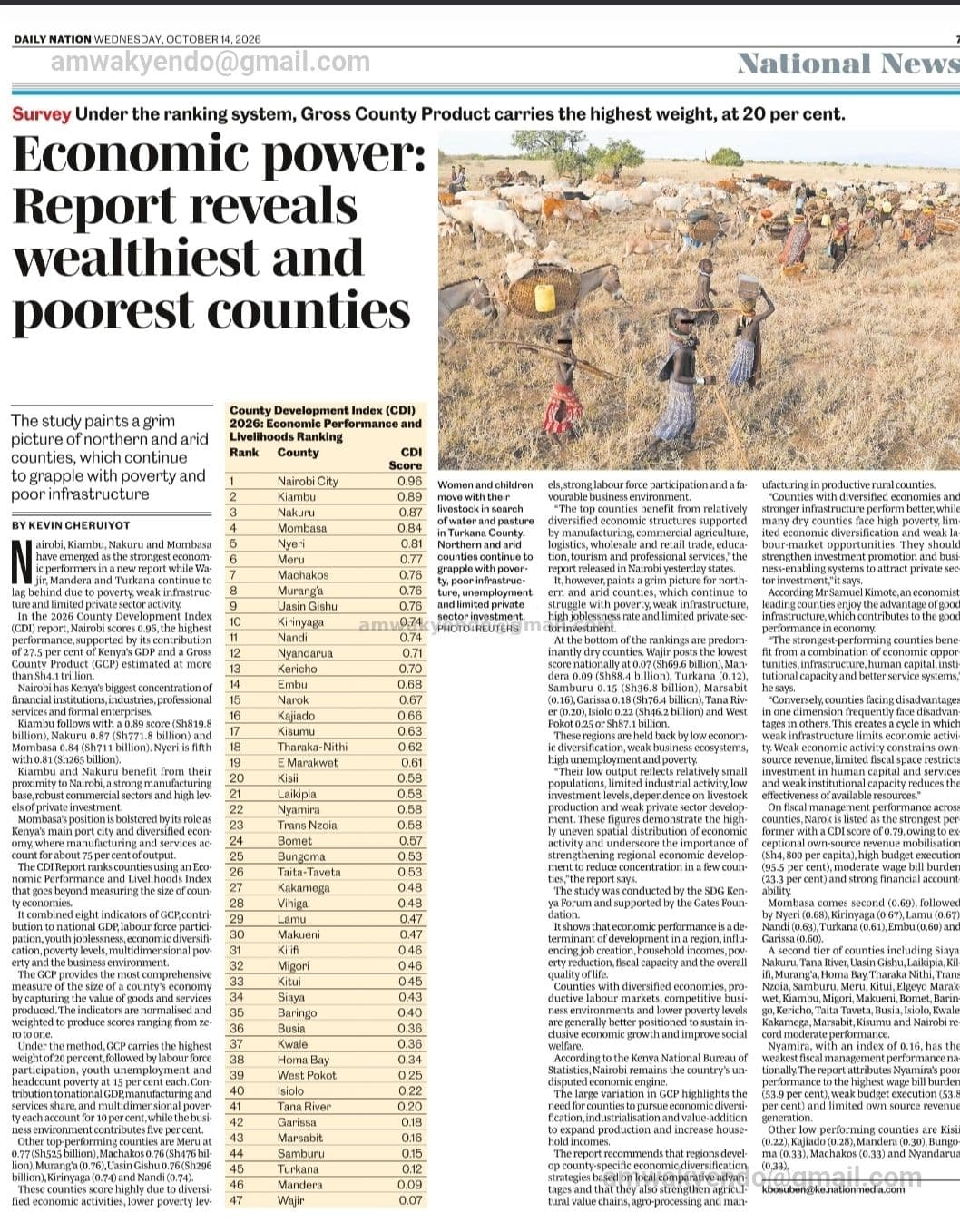 Daily Nation, 14 October 2026: Economic power - report reveals wealthiest and poorest counties, with the County Development Index 2026 rankings
