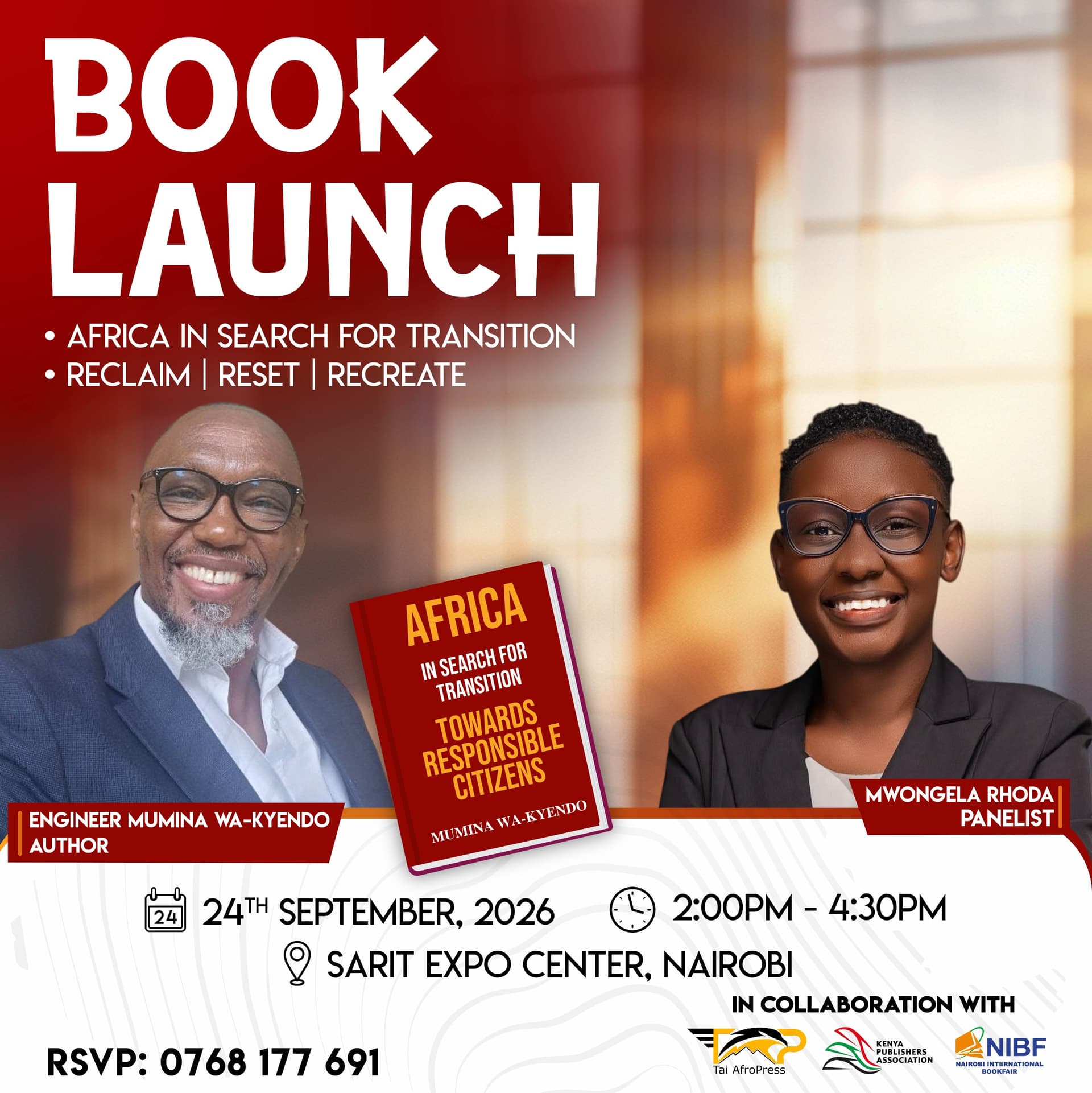 Book launch poster featuring author Engineer Mumina Wa-Kyendo and panelist Mwongela Rhoda