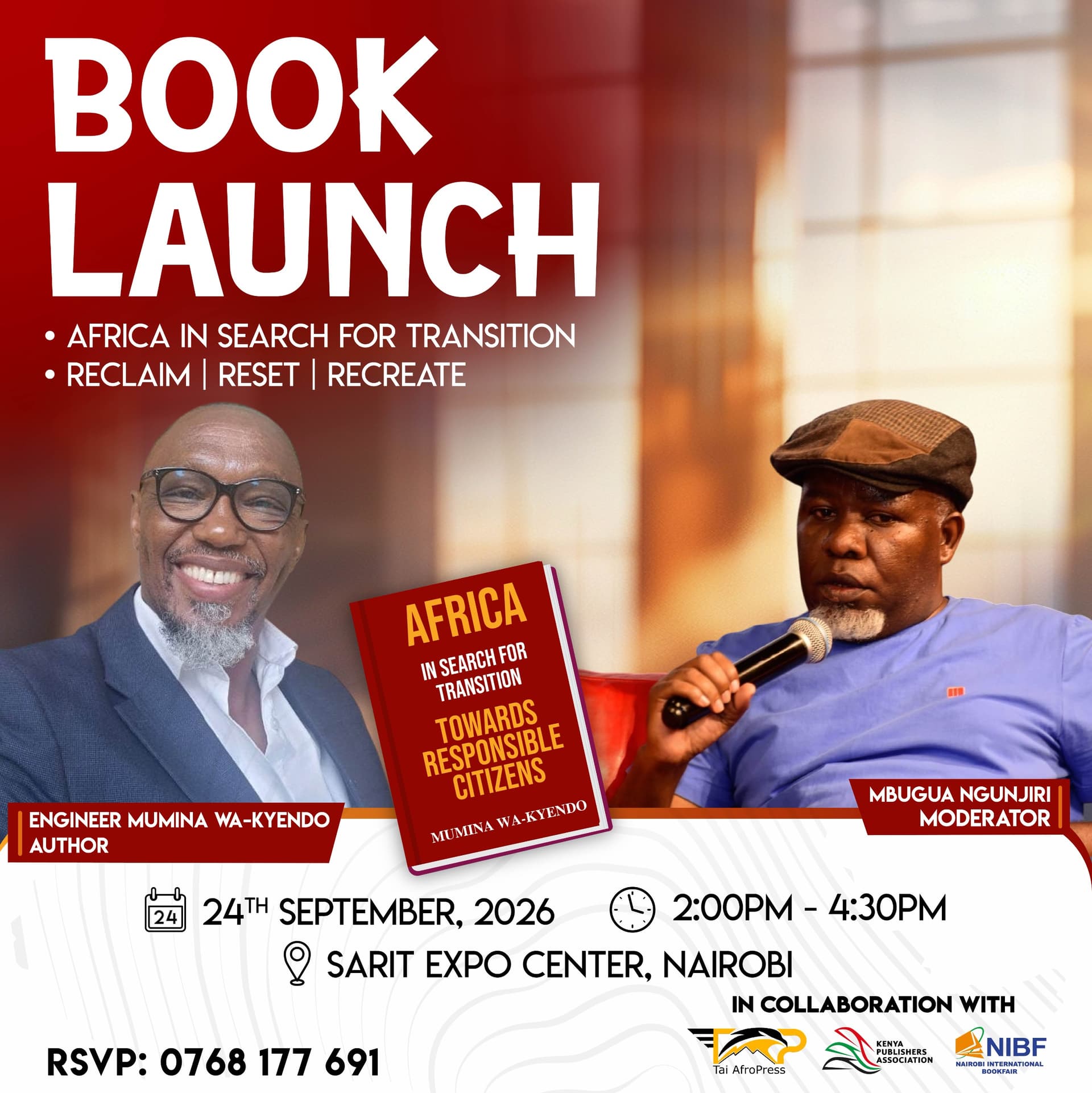 Book launch poster featuring author Engineer Mumina Wa-Kyendo and moderator Mbugua Ngunjiri