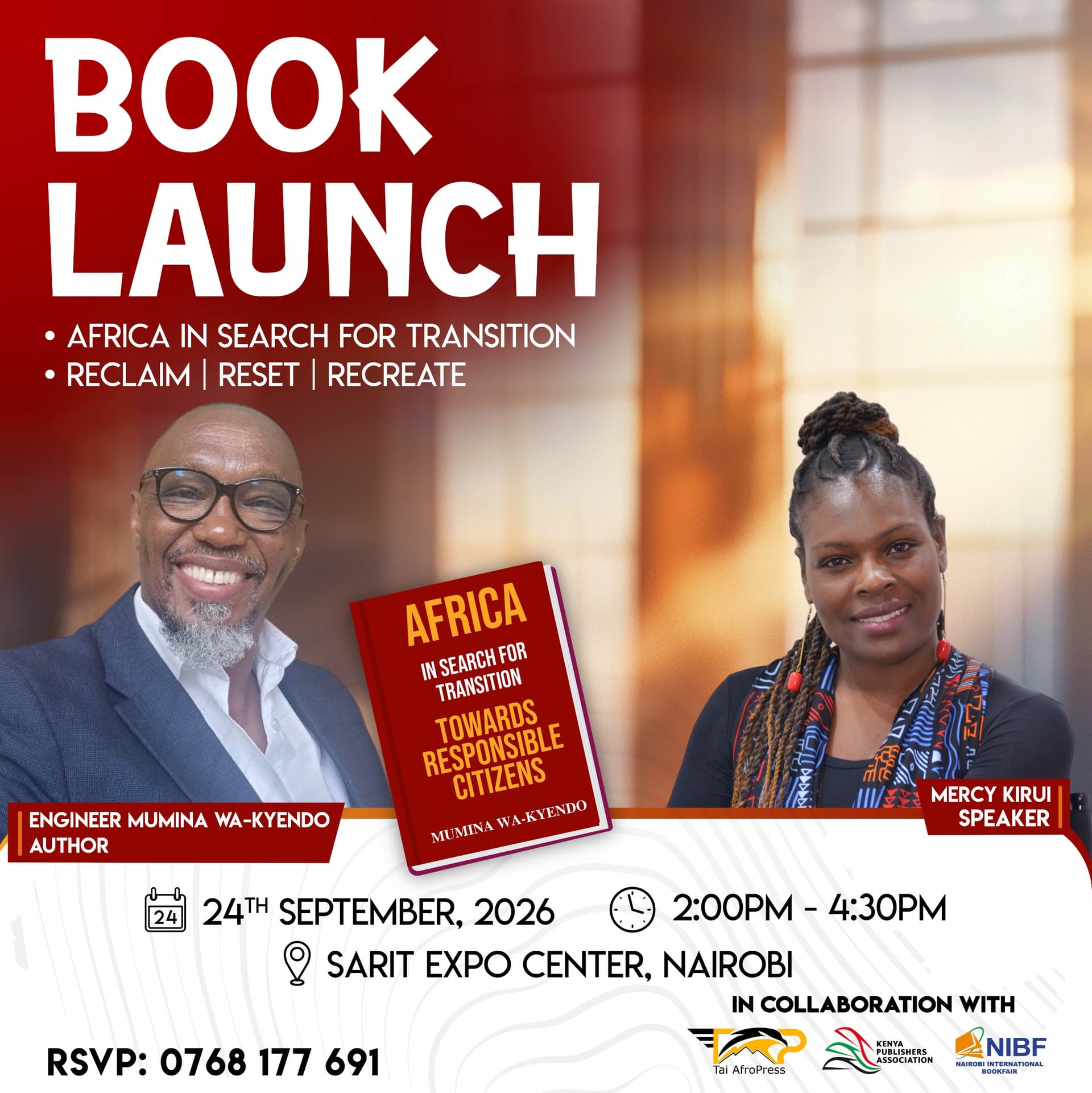 Book launch poster featuring author Engineer Mumina Wa-Kyendo and speaker Mercy Kirui