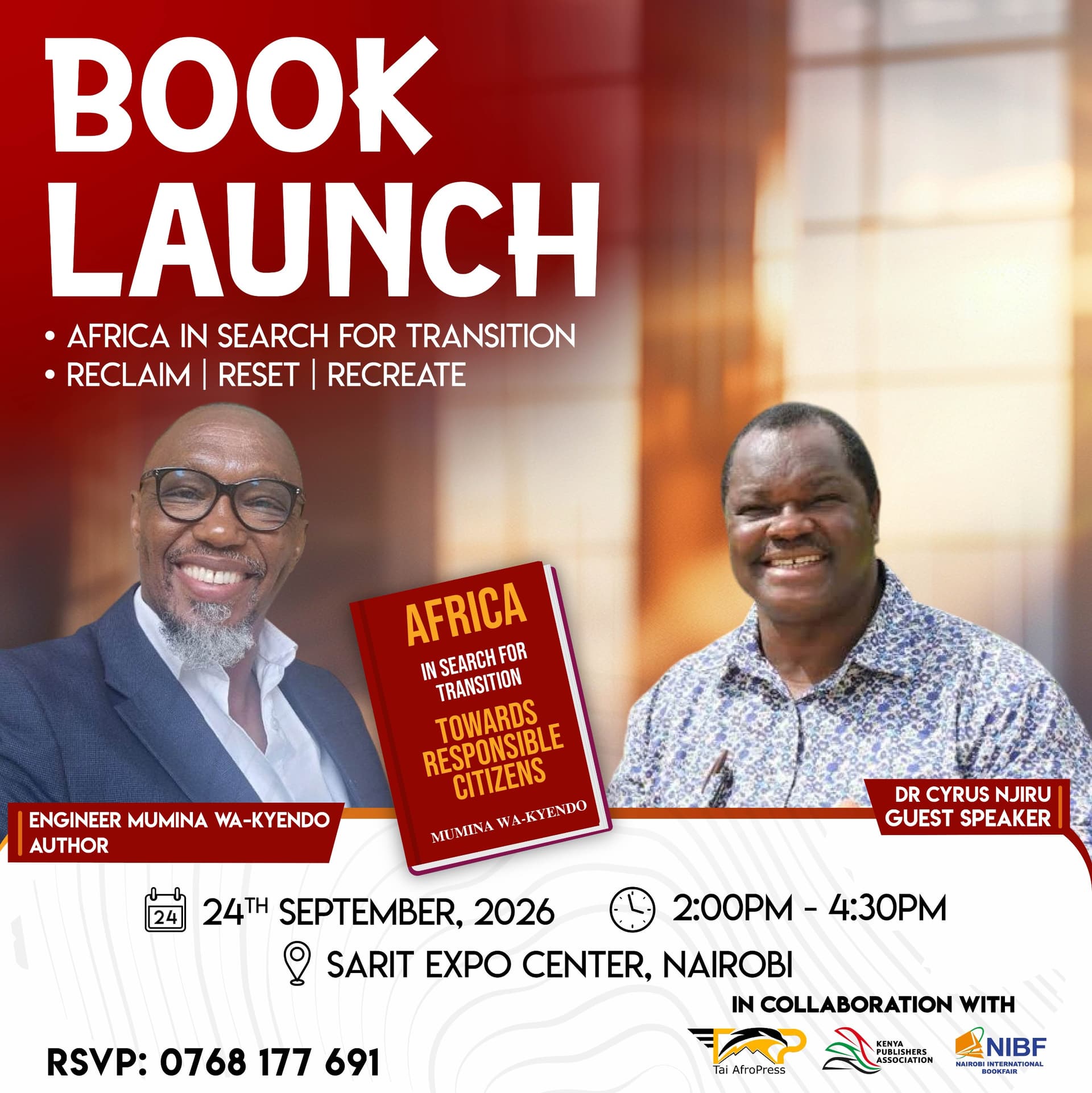 Book launch poster featuring author Engineer Mumina Wa-Kyendo and guest speaker Dr Cyrus Njiru
