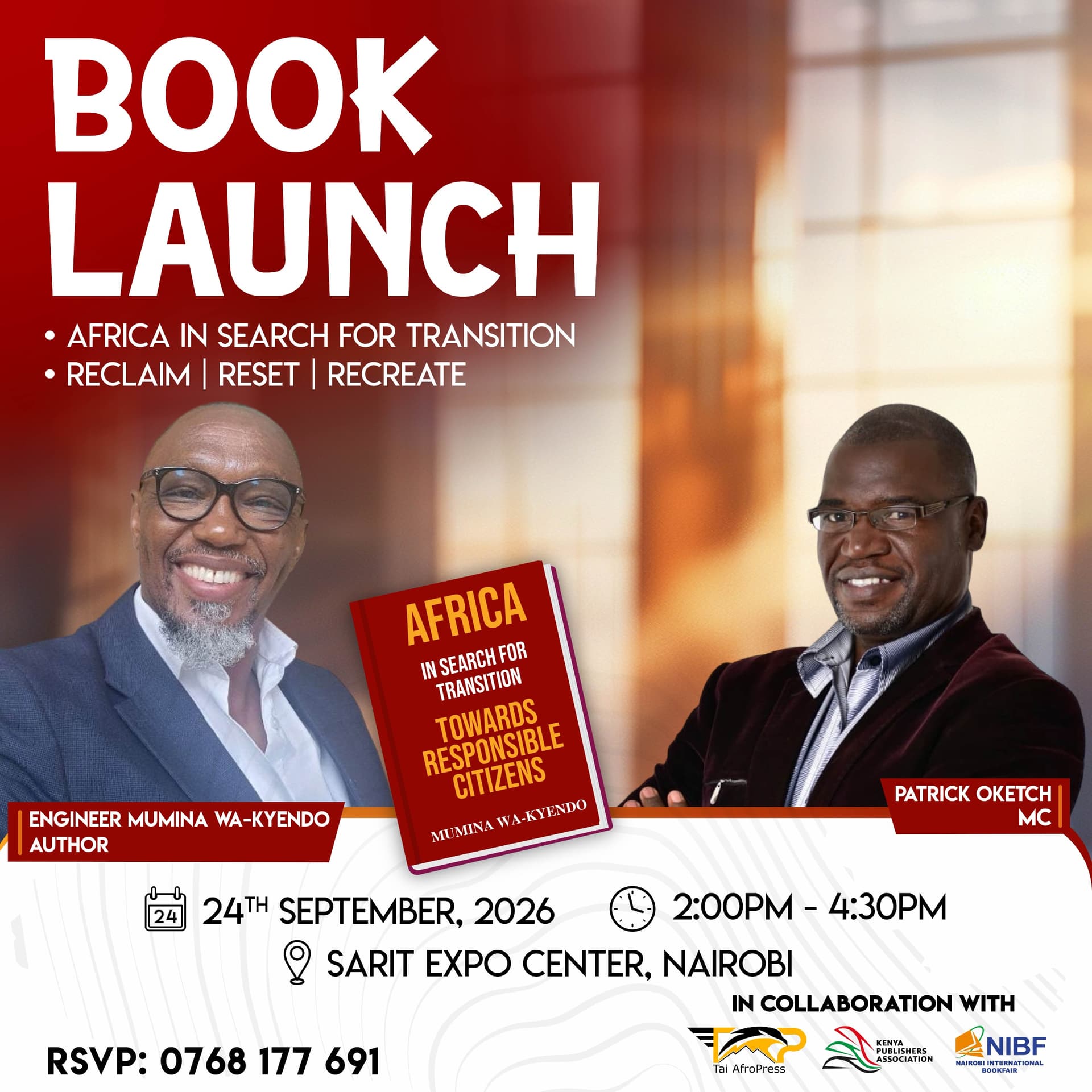 Book launch poster featuring author Engineer Mumina Wa-Kyendo and MC Patrick Oketch