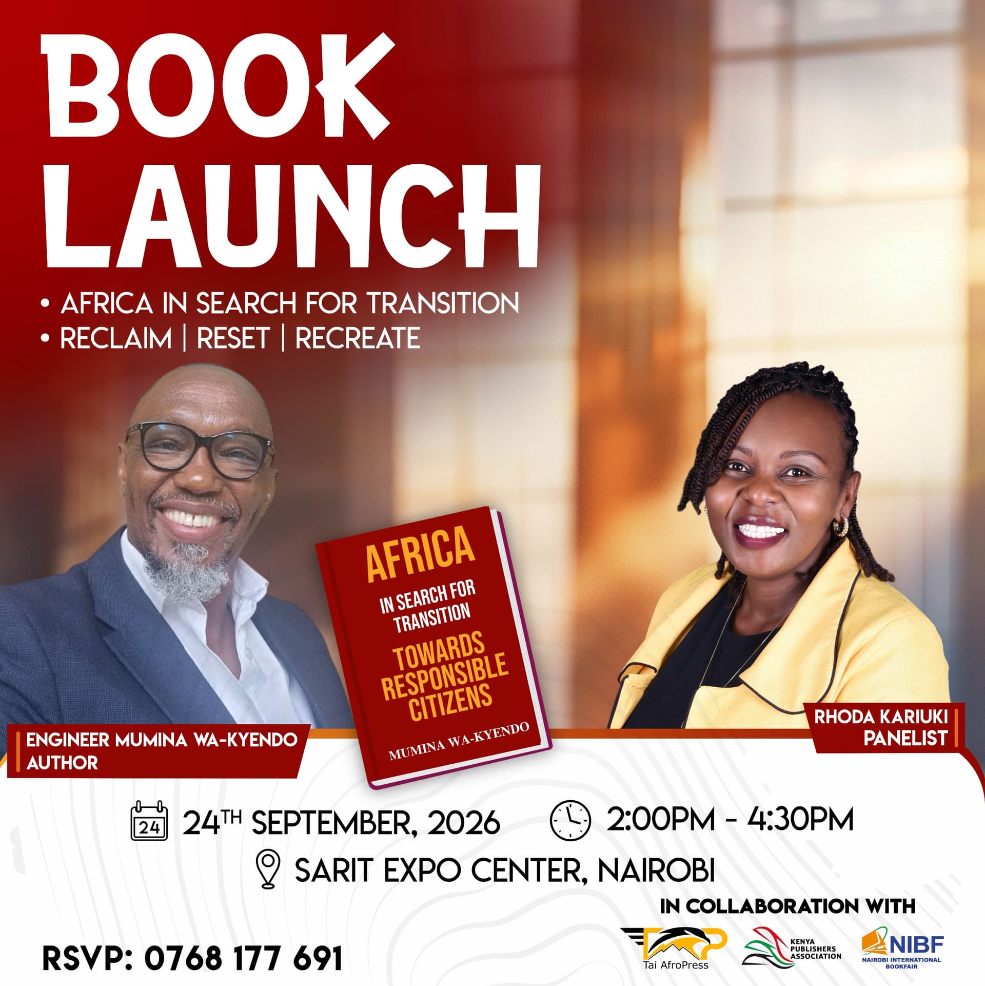 Book launch poster featuring author Engineer Mumina Wa-Kyendo and panelist Rhoda Kariuki